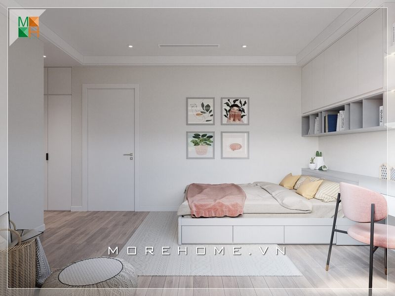 Trang trí nội thất phòng ngủ hiện đại, đơn giản, màu sắc nhẹ nhàng được gia chủ lựa chọn tạo cảm giác thoải mái và yên bình hơn trong mỗi giấc ngủ