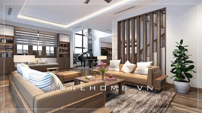 Phong cách thiết kế hiện đại trẻ trung của bộ sofa da nâu cao cấp kết hợp khung gỗ óc chó là gợi ý tuyệt vời cho phòng khách biệt thự, nhà phố